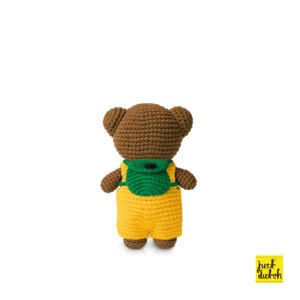 boris handmade and his yellow overall + green backpack